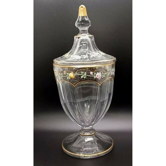 Antique Hand Painted Enamel Roses Gold Trim Candy Dish 11" High 4"Wide - Picture 2 of 6